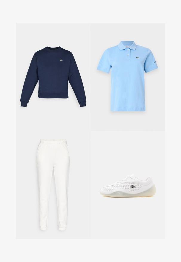 Sudadera azul marino hecha de una tela suave, con cuello redondo y puños acanalados. Pequeño logo verde de Lacoste en el pecho.; Polo de manga corta azul claro con dos botones blancos, un cuello suave y un pequeño logo de cocodrilo verde en el lado izquierdo del pecho.; Pantalones de chándal blancos ajustados con cintura y puños elásticos, con bolsillos laterales, expuestos sobre un fondo liso.; Zapatilla blanca de corte bajo con laterales perforados, suela translúcida, cordones y un pequeño logo negro de cocodrilo en el lado exterior.