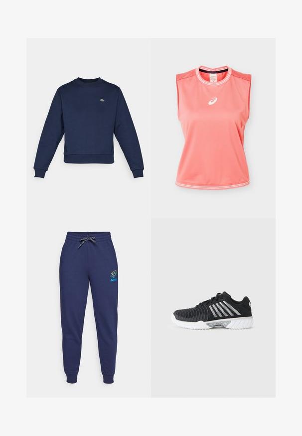 Tumedast sinine särk pehme kanga, ümmarguse kaeluse ja ribakäistega. Rinnal väike roheline Lacoste logo.; Varrukateta korallroosa sportlik tanktop, millel on krae ja ääre valged äärised ning valge Asics logo rinnal keskel.; Tumed sinised dressipüksid, millel on nööriga vöökoht ja ankle cuffs. Vasakul reitel on säravates värvides Lotto logo. Valmistatud pehmest kangast.; Mustad athletikajalanõu valge haardepõhjaga, diagonaalsete valgete triipudega küljel, tekstuurse ninaosaga ja paeltega kinnihoidmisega hallil taustal.