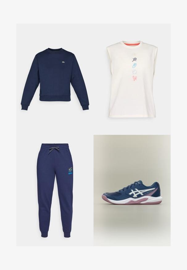 Sudadera azul marino hecha de una tela suave, con cuello redondo y puños acanalados. Pequeño logo verde de Lacoste en el pecho.; Camiseta sin mangas de algodón en color crema claro con cuello redondo, que presenta coloridos iconos bordados: concha de mar, raqueta de tenis, espiral, pelota, gallo.; Pantalones de chándal azul marino con cintura ajustable y puños en los tobillos. Presenta un logo de Lotto en colores vibrantes en el muslo izquierdo. Hechos de una tela suave.; Zapatilla deportiva azul marino con suela blanca y rosa, logo blanco en el lateral, diseño con cordones y detalles de malla en la puntera y laterales.