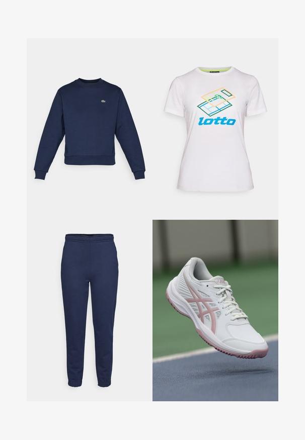 Tumedast sinine särk pehme kanga, ümmarguse kaeluse ja ribakäistega. Rinnal väike roheline Lacoste logo.; Valge lühikeste varrukatega t-särk, mis on valmistatud puuvillast, ja millel on esiküljel värviline geomeetriline graafika ning sinine "lotto" logo.; Tumesinised dressipüksid elastse vöökoha ja pahkluuäärega, eestvaade, valmistatud pehmest kangast igapäevaseks kandmiseks.; Valged spordijalatsid roosa aktsendiga, sünteetilisest materjalist, ümar varvas, sisevõrgud ja tekstureeritud tallaosaga. Ees lukk ja ASICS bränding nähtavad.