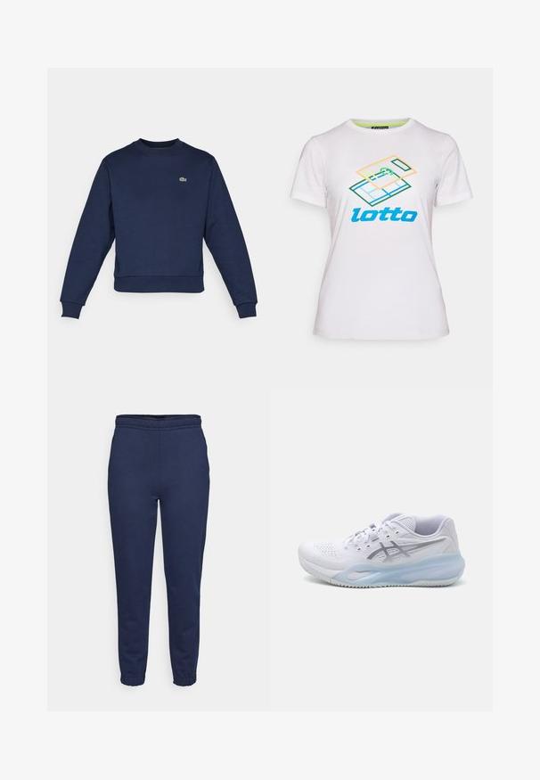 Navyblauwe sweatshirt van zachte stof, met een ronde hals en ribgebreide manchetten. Klein groen Lacoste-logo op de borst.; Witte korte mouwen t-shirt van katoen, met een kleurraf geometrische grafiek en het "lotto" logo in het blauw over de voorkant.; Donkerblauwe joggingbroek met elastische tailleband en enkels, vooraanzicht, gemaakt van zacht materiaal voor casual dragen.; Witte sportieve schoen met een bovenwerk van mesh, een gestructureerd design, een lichtblauwe zool en grijze accenten. Heeft een vetersluiting en een versterkte neus.