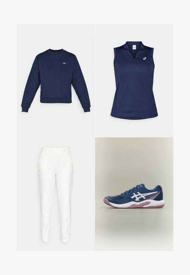 Námornícky modrá mikina vyrobená z jemnej látky, s okrúhlym výstrihom a ribbovanými manžetami. Malé zelené logo Lacoste na hrudi.; Námornícky modrá bezrukávová športová košeľa s výstrihom do V, vyrobená z hladkej, vlhkosť odvádzajúcej látky; má ploché švy a malé logo na ľavej hrudi.; Biele zúžené tepláky s elastickým pásom a manžetami, s bočnými vreckami, vystavené na jednoduchom pozadí.; Námornícka modrá športová teniska s bielou a ružovou podrážkou, bielym logom na boku, šnurovacím dizajnom a sieťovinovými detailmi na prstoch a stranách.