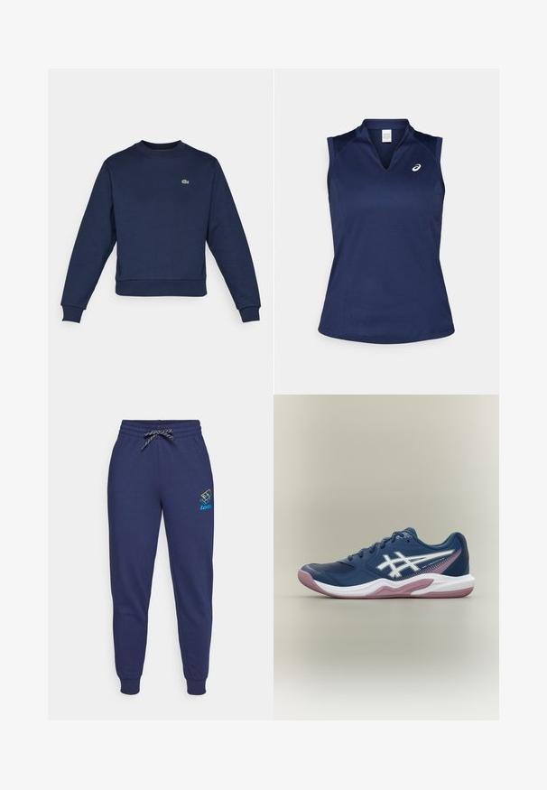 Marineblå sweatshirt lavet af blødt stof, med rund halsudskæring og ribbede manchetter. Lille grøn Lacoste-logo på brystet.; Marineblå ærmeløs træningstopp med V-udskæring, lavet af glat, svedtransporterende materiale; har flade sømme og et lille logo på venstre bryst.; Mørkeblå sweatpants med snor i taljen og ankelsyninger. Har et Lotto-logo i livlige farver på venstre lår. Lavet af blødt stof.; Marineblå atletiksko med hvid og pink sål, hvidt logo på siden, snøredesign og meshdetaljer på tåen og siderne.