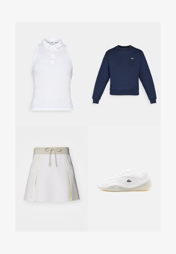 Dunkelblauer Hoodie aus weichem Stoff, mit Rundhalsausschnitt und gerippten Bündchen. Kleines grünes Lacoste-Logo auf der Brust.; Weißes ärmelloses Poloshirt aus glattem Stoff, mit klassischem Kragen, Drei-Knopf-Leiste und dezenten Seitennähten.; Weißer Skort mit einem beigen elastischen Bund und Kordelzug. Merkmale sind neongelbe Seitenelemente und Falten. Lacoste-Logo auf der unteren linken Seite.; Weißer Low-Top-Sneaker mit perforierten Seiten, durchsichtiger Sohle, Schnürsenkeln und einem kleinen schwarzen Krokodil-Logo auf der Außenseite.