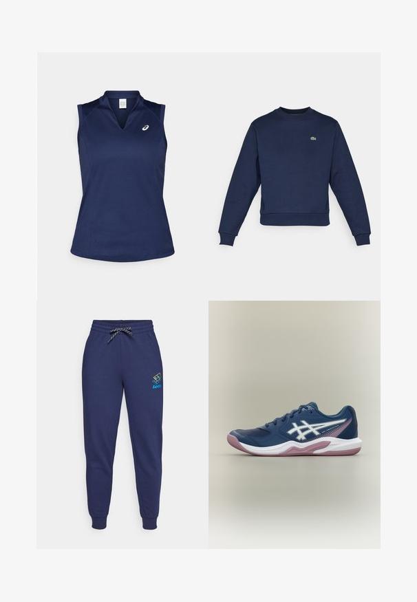 Dunkelblauer Hoodie aus weichem Stoff, mit Rundhalsausschnitt und gerippten Bündchen. Kleines grünes Lacoste-Logo auf der Brust.; Marinefarbendes ärmelloses Sporttop mit V-Ausschnitt, aus glattem, feuchtigkeitsableitendem Material; mit flachen Nähten und einem kleinen Logo auf der linken Brust.; Dunkelblaue Jogginghose mit Kordelzugbund und Bündchen an den Knöcheln. Mit einem lebhaften Lotto-Logo auf dem linken Oberschenkel. Aus weichem Stoff gefertigt.; Marineblaue Sportschuh mit weißer und rosa Sohle, weißem Logo an der Seite, Schnürdesign und Mesh-Details an Zehen und Seiten.