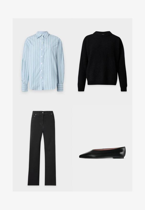 Pull noir à manches longues avec col rond côtelé, poignets et ourlet, présenté sur fond blanc.; Chemise à manches longues bleu clair avec des rayures verticales vertes, boutonnière à l'avant et poignets rayés contrastants. Tissu lisse, design de col classique.; Jean noir coupe droite avec poches avant, passants de ceinture et fermeture par bouton à la taille sur un fond clair uni.; Chaussure plate en cuir noir pour femme, avec bout pointu et petit talon, vue de côté sur un fond gris clair uni.