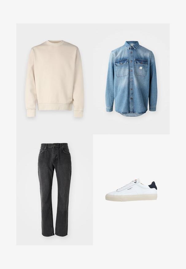 Hellbeiges Sweatshirt mit rundem Ausschnitt, gerippten Bündchen und Saum. Hergestellt aus weichem Stoff mit glatter Textur. Minimalistisches Design, keine Muster.; Hellblaues Jeanshemd mit langen Ärmeln, zwei Brusttaschen, durchgehender Knopfleiste und kontrastierenden, dunkleren Taschenoberteilen. verfügt über einen abgerundeten Saum.; Schwarze Denim-Jeans mit geradem Schnitt, ausgestattet mit fünf Taschen, einem Knopfverschluss und genähten Details entlang der Nähte und Taschen.; Weißer Sneaker in niedriger Schnittform mit beiger Sohle, weißen Schnürsenkeln, schwarzem Fersenlasche und dem "Pepe Jeans London"-Logo an der Seite.