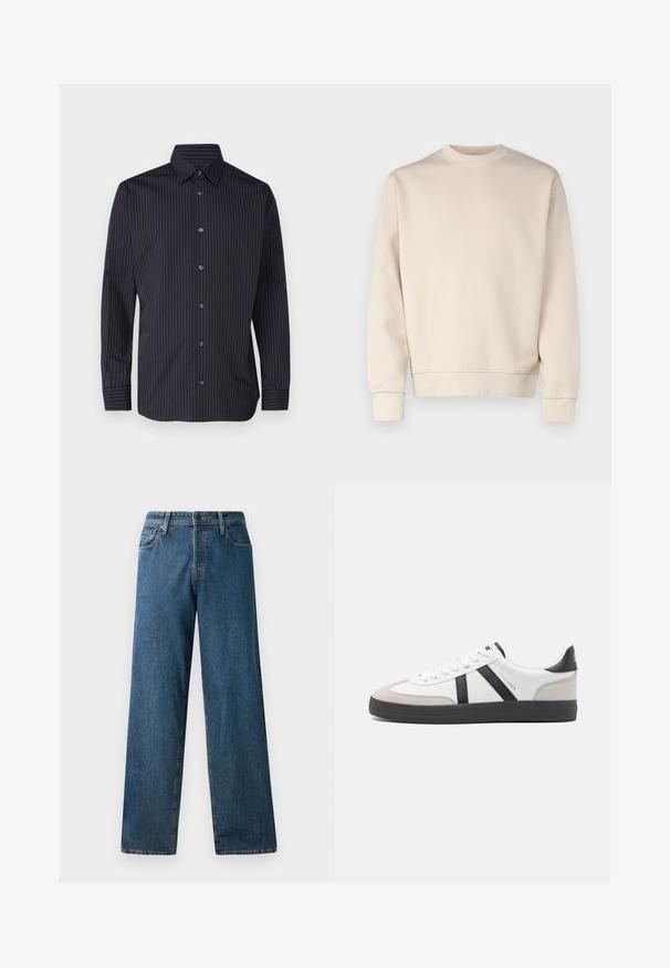 Lys beige sweatshirt med rund hals, ribbede manchetter og kant. Fremstillet af blødt stof med en glat tekstur. Minimalistisk design uden mønstre.; Marine skjorte med lodrette brune striber, lange ærmer, knap-down krave og seks knapper foran, med en glat stoftekstur.; Mørkeblå denimjeans med en afslappet pasform, lige ben, fem lommer og kontrasterende syninger. Har en frontknap og lynlås lukning.; Hvide sneakers med sorte og grå detaljer, med en tekstureret grå tåhætte, sort gummisål og flade hvide snørebånd. Rent design, minimalistisk stil.