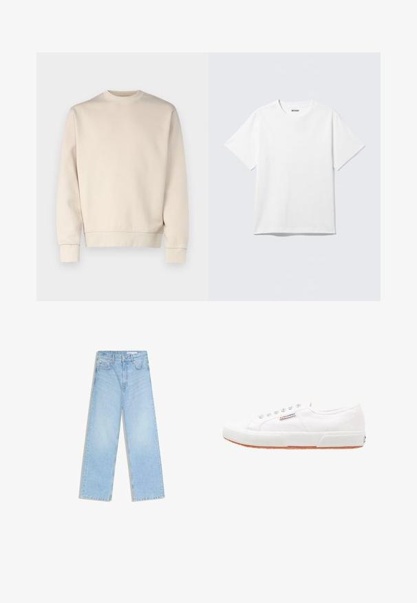Sweat-shirt beige clair avec col rond, poignets et ourlet côtelés. Confectionné en tissu doux à la texture lisse. Design minimaliste, sans motifs.; T-shirt blanc à manches courtes et col rond, étalé à plat, design uni, avec l'étiquette "WEEKDAY" à l'intérieur du col sur un fond clair.; Jean large taille haute bleu clair avec poches avant, passants de ceinture et fermeture par bouton.; Baskets en toile blanches avec une semelle en caoutchouc, design à lacets et une petite étiquette logo sur le côté. Tige blanche texturée et semelle extérieure marron.