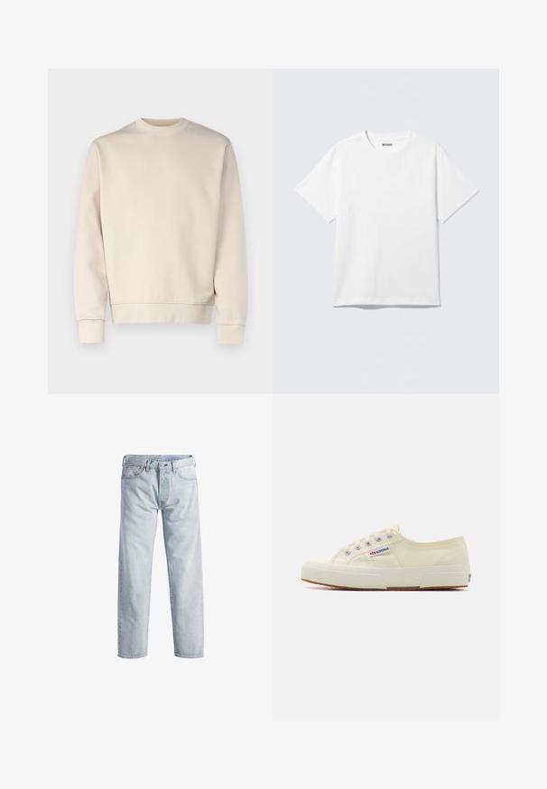 Lichtbeige sweatshirt met ronde hals, geribde manchetten en zoom. Gemaakt van zachte stof met een gladde textuur. Minimalistisch ontwerp, zonder patronen.; Witte T-shirt met korte mouwen en ronde hals, plat gelegd, effen ontwerp, met een "WEEKDAY" label in de kraag op een lichte achtergrond.; Lichtblauwe denim jeans met een rechtstaand ontwerp, knopenfly, vijf zakken en een subtiele vervaagde textuur. Voorzien van metalen hardware accenten.; Beige canvas sneaker met een laag profiel, metalen oogjes en rubberen zool. Beschikt over een textuurpatroon en logodetail aan de zijkant.