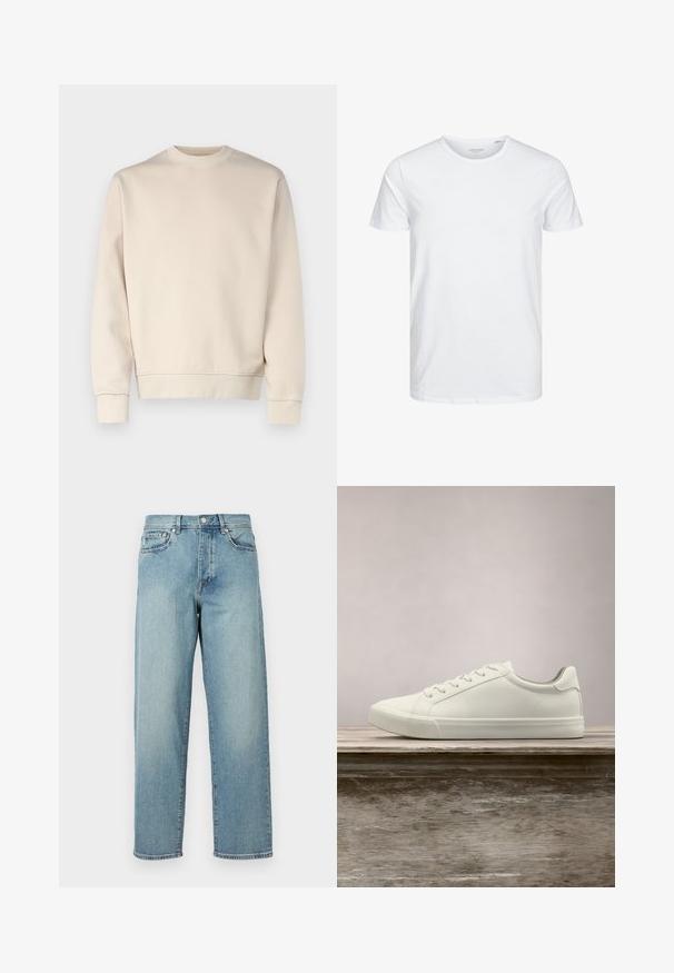 Lichtbeige sweatshirt met ronde hals, geribde manchetten en zoom. Gemaakt van zachte stof met een gladde textuur. Minimalistisch ontwerp, zonder patronen.; Ronde hals kortemouwen t-shirt in effen wit, gemaakt van zachte katoen, heeft een eenvoudig ontwerp zonder zichtbare patronen of accenten.; Lichtblauwe denim jeans met een losse pasvorm, rechte pijpen, een vijfzakkenontwerp en een knoopsluiting bij de taille. Minimalistische stikdetails.; Witte vetersneaker die boven een houten bank zweeft met groene bladeren op de achtergrond, waarbij het ontwerp en de textuur van de schoen worden getoond.
