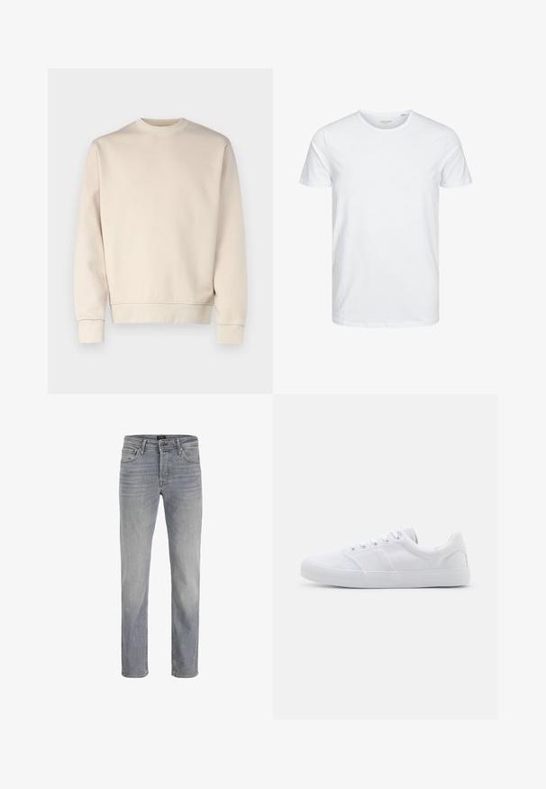 Sweat-shirt beige clair avec col rond, poignets et ourlet côtelés. Confectionné en tissu doux à la texture lisse. Design minimaliste, sans motifs.; T-shirt à col rond à manches courtes de couleur blanche unie, fabriqué en coton doux, avec un design simple sans motifs ni accents visibles.; Jean en denim gris clair avec une coupe droite, un style à cinq poches et une fermeture à bouton classique. Texture de tissu lisse et finition soignée.; Baskets en toile blanches avec une semelle en caoutchouc, dotées de six œillets, d'un embout texturé et d'un design minimaliste.