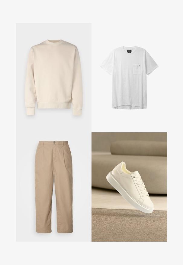 Hellbeiges Sweatshirt mit rundem Ausschnitt, gerippten Bündchen und Saum. Hergestellt aus weichem Stoff mit glatter Textur. Minimalistisches Design, keine Muster.; Weißes T-Shirt mit kurzen Ärmeln aus weichem Stoff. Es verfügt über eine Brusttasche mit einem gestickten „X“ und einen abgerundeten Saum für eine lockere Passform.; Beige, leichte Baumwollhosen mit gefaltetem Vorderteil, Knopfverschluss und geradem Bein, die eine glatte Textur und keine sichtbaren Muster aufweisen.; Weißer Ledersneaker mit Schnürsenkeln, der über einem teppichbedeckten Boden schwebt, beige Couch im Hintergrund, Innenraum.