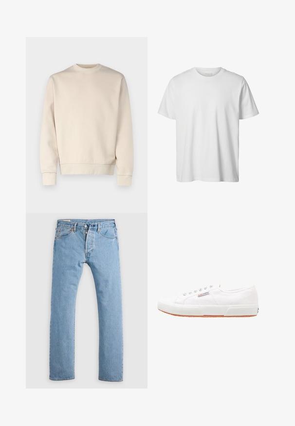 Sweat-shirt beige clair avec col rond, poignets et ourlet côtelés. Confectionné en tissu doux à la texture lisse. Design minimaliste, sans motifs.; T-shirt blanc uni à manches courtes, col rond, coupe décontractée, sans logos ni motifs visibles à l'avant.; Jean en denim droit bleu clair avec fermeture à boutons, passants de ceinture, et poches avant et arrière, présenté sur un fond blanc.; Baskets en toile blanches avec une semelle en caoutchouc, design à lacets et une petite étiquette logo sur le côté. Tige blanche texturée et semelle extérieure marron.