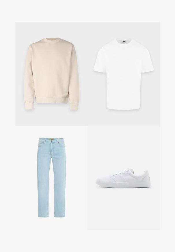 Hellbeiges Sweatshirt mit rundem Ausschnitt, gerippten Bündchen und Saum. Hergestellt aus weichem Stoff mit glatter Textur. Minimalistisches Design, keine Muster.; Schlichtes weißes Baumwoll-T-Shirt mit kurzen Ärmeln und Rundhalsausschnitt, dargestellt auf hellem grauem Hintergrund.; Hellblaue Denim-Jeans mit geradem Schnitt, traditionellem Fünf-Taschen-Design sowie einem Messingknopf und Reißverschlussverschluss vorne.; Weiße Leinenschuhe mit Gummisohle, ausgestattet mit sechs Ösen, einer strukturierten Zehenkappe und minimalistischer Gestaltung.