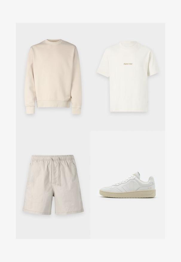 Hellbeiges Sweatshirt mit rundem Ausschnitt, gerippten Bündchen und Saum. Hergestellt aus weichem Stoff mit glatter Textur. Minimalistisches Design, keine Muster.; Cremefarbens Baumwoll-T-Shirt mit kurzen Ärmeln, Rundhalsausschnitt und gesticktem "Original Studio"-Logo in Gold auf der Brust. Weiche Textur.; Beige Shorts aus leichtem Stoff, mit elasticem Taillenbund, Zugband und Seitentaschen mit kontrastierender Naht.; Weiße Leder-Sneaker mit strukturierter Oberfläche und gepolstertem Kragen. Sie verfügen über eine beigen Gummisohle und dezente Markenkennzeichnung an der Ferse und an der Seite.