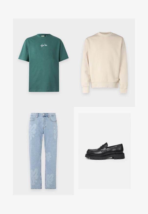 Lys beige sweatshirt med rund hals, ribbede manchetter og kant. Fremstillet af blødt stof med en glat tekstur. Minimalistisk design uden mønstre.; Grøn bomuld T-shirt med rund hals og korte ærmer. Har hvid, kursiv tekst "high tea" på forsiden. Enkel design, ingen mønstre.; Lyseblå denimjeans med blomstertryk og lige ben. Standard talje med knaplukning og fem lommer.; Sort læderloafer med tyk rillede sål og penny-remdetalje, vist i højre sideprofil på hvid baggrund.