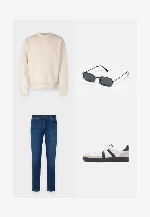 Hellbeiges Sweatshirt mit rundem Ausschnitt, gerippten Bündchen und Saum. Hergestellt aus weichem Stoff mit glatter Textur. Minimalistisches Design, keine Muster.; Dunkelblaue Jeans aus Denim mit geradem Bein, vorderen Taschen und einem Knopfverschluss am Bund. Glatte Textur, minimale Details.; Weiße Sneaker mit schwarz- und grau-aczenten, ausgestattet mit einer strukturierten grauen Zehenkappe, schwarzer Gummi-Sohle und flachen weißen Schnürsenkeln. Sauberes Design, minimalistische Stil.; Schwarze rechteckige Sonnenbrille mit dünnem Metallrahmen und dunklen Gläsern, die auf einer weißen Oberfläche liegt.