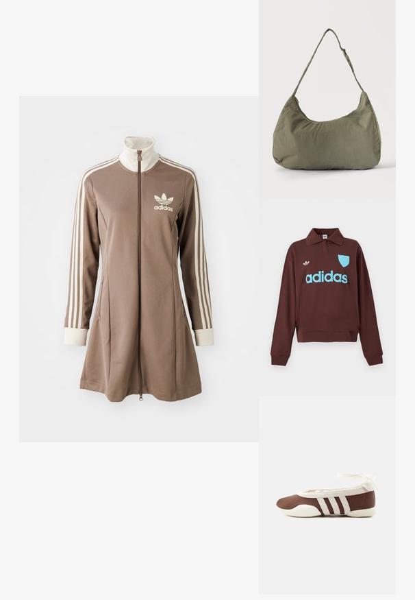 Brun sweatshirt med polo krave, der har en lys blå "adidas" logo og skjolddetalje, lavet af blødt stof med en afslappet pasform.; Brun atletisk kjole med høj krave, fuld frontlynlås, hvide tre-stribe detaljer på ærmerne og et lille hvidt logo på brystet.; Brun og hvid balletflad sko med tre hvide striber og ankelbånds sløjfe på en ensartet lys baggrund.; Skuldertaske i blødt olivengrønt stof med lynlås og justerbar rem på ensfarvet, lyst baggrund.