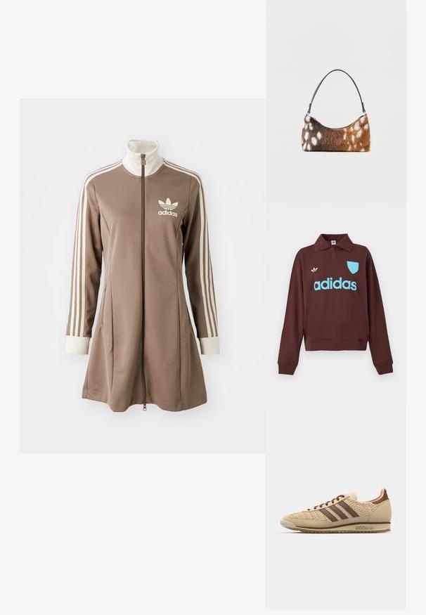 Pruun kapuutsiga särk, millel on polo krae, kerge sinise "adidase" logo ja kilbi detailiga, valmistatud pehmest kangast ning mugava lõikega.; Pruun sportlik kleit kõrge kaelusega, täispikk tõmblukk, valged kolmerealine aksendid varrukatel ning väike valge logo rinnal.; Beežikas-pruun Adidas toss tekstiilse kootud kangaga, külgedel kolm pruunikat triipu ja logo tallal heledal ühevärvilisel taustal.; Õlakott pruunide ja valgete laikudega kunstkarvaga ning õhukese musta sangaga, valgel taustal.