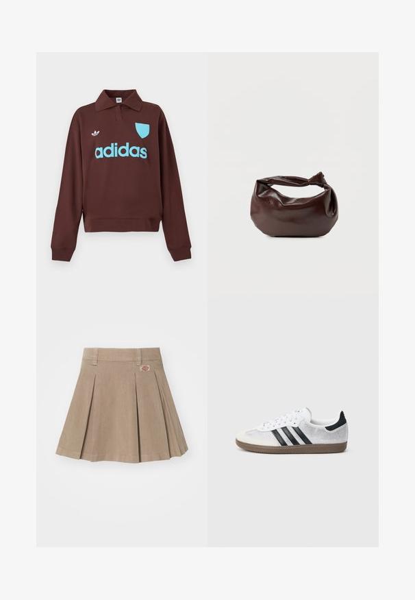 Bruine sweatshirt met een polo kraag, met een lichtblauw "adidas" logo en schild detail, gemaakt van zacht materiaal met een relaxte pasvorm.; Beige geplooide rok gemaakt van een gestructureerde stof. Voorzien van een tailleband met riemlussen en een logopatch aan de linkerzijde.; Witte mesh sneaker met zwarte strepen, beige suède neuskapje en hielaccent, gestructureerde rubberen zool en witte veters. Klassiek ontwerp met lage schacht.; Donkerbruine leren schoudertas met een zachte, slungelige vorm en een gedraaide knoopvormige handgreep op een effen witte achtergrond.