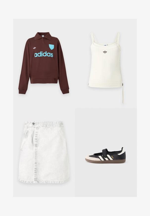 Bruine sweatshirt met een polo kraag, met een lichtblauw "adidas" logo en schild detail, gemaakt van zacht materiaal met een relaxte pasvorm.; Roomkleurig tanktop met dunne bandjes; Adidas-logo in zwart op de borst. Glad stof met een koorddetail aan de zoom. Eenvoudig ontwerp.; Denimrok in lichtgrijs. A-lijn ontwerp met voorzakken, een zichtbare naad in het midden en een enkele metalen knop op de tailleband.; Zwart-beige sneaker met een klittenbandsluiting, drie witte strepen aan de zijkant en een getextureerde bruine rubberen zool. Merkembleem zichtbaar.