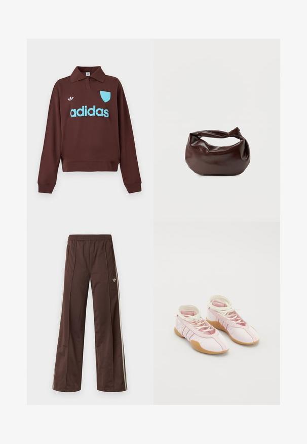 Brun sweatshirt med polo krave, der har en lys blå "adidas" logo og skjolddetalje, lavet af blødt stof med en afslappet pasform.; Brune atletiske bukser med vidde ben, hvide striber på siden, elastisk linning og to sidelommer. Har et lille logo på benet.; Lyserøde lærredssko med en blød overflade, der har snørebåndsdesign og en gummisål. Dekorative detaljer og tre striber på siden.; Mørkebrun læder skuldertaske med en blød, afslappet form og et snoet knudehåndtag på en ensartet hvid baggrund.