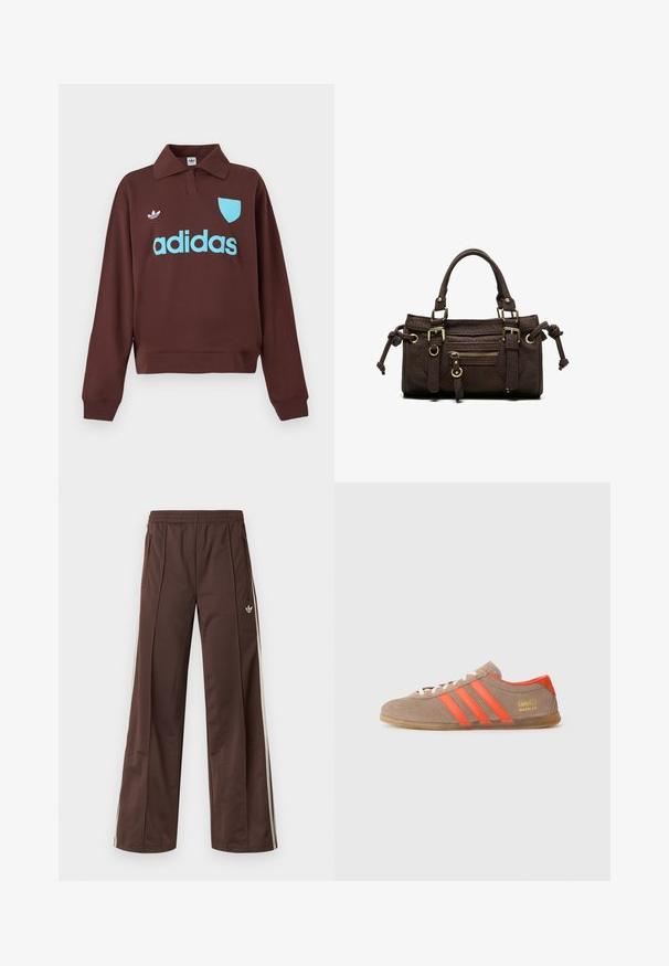 Brun sweatshirt med polo krave, der har en lys blå "adidas" logo og skjolddetalje, lavet af blødt stof med en afslappet pasform.; Brune atletiske bukser med vidde ben, hvide striber på siden, elastisk linning og to sidelommer. Har et lille logo på benet.; Brune ruskinds sneakers med tre klare orange striber, snørebånd foran og gyldent "Gazelle" branding på siden. Flad gummi sål.; Mørkebrun læderhåndtaske med dobbelte håndtag, forreste lynlåslomme, dekorative spænder og sideknuder på hvid baggrund.