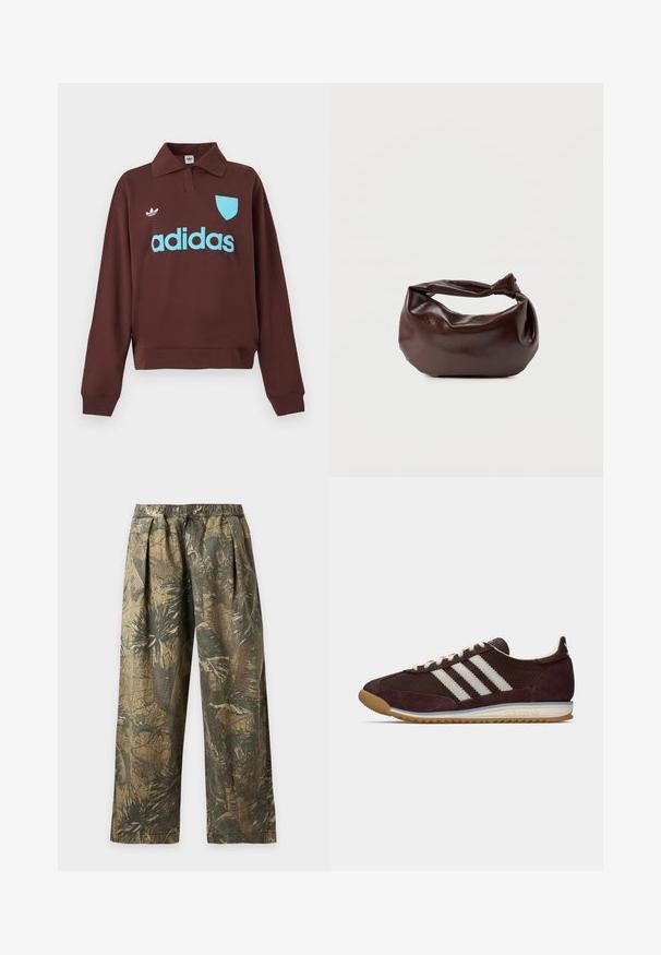 Brun sweatshirt med polo krave, der har en lys blå "adidas" logo og skjolddetalje, lavet af blødt stof med en afslappet pasform.; Løse bukser med elastisk talje, med et grønt og brunt tropisk blad camouflageprint.; Lavprofil mørk burgunder Adidas sneakers med hvide striber, cremefarvede snørebånd og gummitalje, set fra siden på neutral baggrund.; Mørkebrun læder skuldertaske med en blød, afslappet form og et snoet knudehåndtag på en ensartet hvid baggrund.