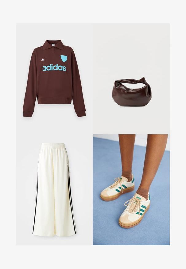 Brun sweatshirt med polo krave, der har en lys blå "adidas" logo og skjolddetalje, lavet af blødt stof med en afslappet pasform.; Hvide løse bukser med elastisk talje og sorte lodrette striber langs yderseams.; Beige sneakers med mørkegrønne striber, gummisål, overdel i ruskind og tekstil samt neutralt hardware, parret med brune sokker på en lyseblå overflade.; Mørkebrun læder skuldertaske med en blød, afslappet form og et snoet knudehåndtag på en ensartet hvid baggrund.