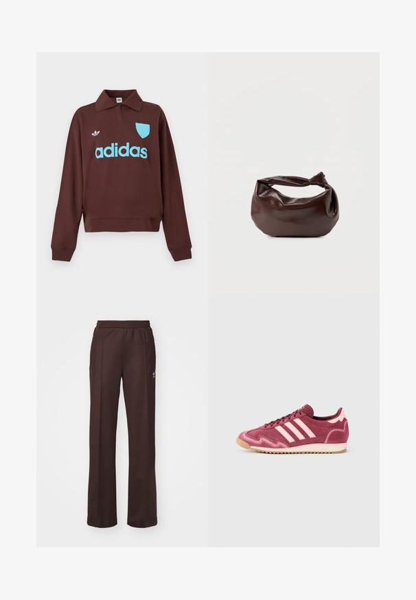 Brun sweatshirt med polo krave, der har en lys blå "adidas" logo og skjolddetalje, lavet af blødt stof med en afslappet pasform.; Brune træningsbukser med elastisk talje, to sidelommer og et lille logo på venstre side, lavet af et blødt stof.; Vinrøde og lyserøde ruskinds-sneakers med tre lyserøde striber, tekstureret overflade og en sål af gummigummi. Har detaljeret syning som accenter.; Mørkebrun læder skuldertaske med en blød, afslappet form og et snoet knudehåndtag på en ensartet hvid baggrund.
