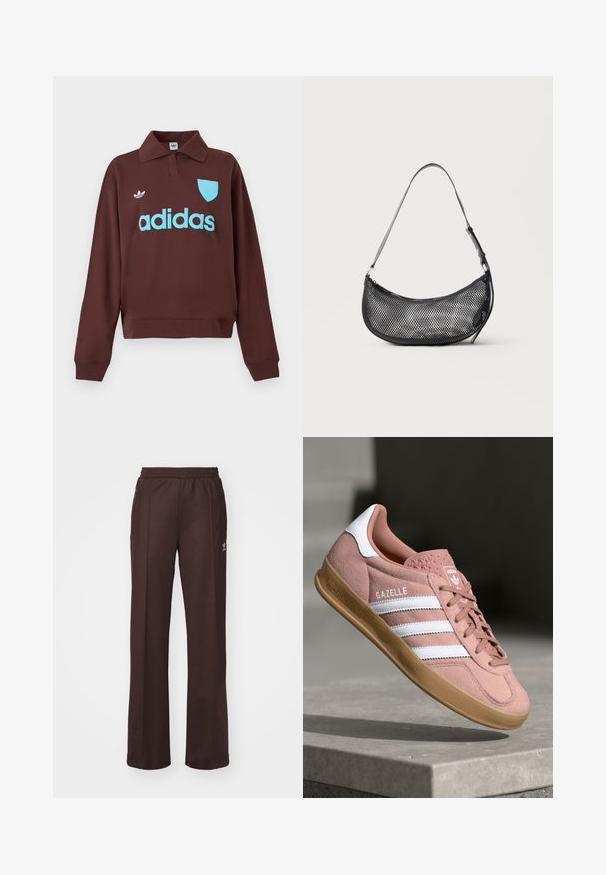 Brun sweatshirt med polo krave, der har en lys blå "adidas" logo og skjolddetalje, lavet af blødt stof med en afslappet pasform.; Brune træningsbukser med elastisk talje, to sidelommer og et lille logo på venstre side, lavet af et blødt stof.; Rosa ruskinds sneaker med hvide striber, gummisål, tekstureret overdel og logo på tungen. Klassisk low-top design.; Lille sort mesh skuldertaske i halvmåneform med justerbar tynd rem, sat mod en ensfarvet lys baggrund.