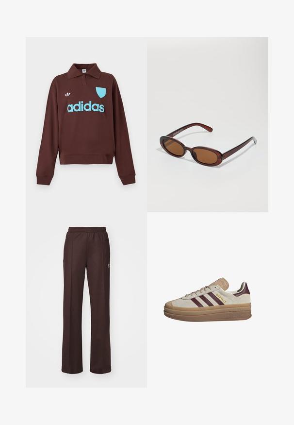 Brun sweatshirt med polo krave, der har en lys blå "adidas" logo og skjolddetalje, lavet af blødt stof med en afslappet pasform.; Brune træningsbukser med elastisk talje, to sidelommer og et lille logo på venstre side, lavet af et blødt stof.; Beige ruskinds sneakers med maroon striber, hvide accenter, en kraftig gennemsigtig sål og forhøjet branding på siden. Snørebåndsdesign.; Runde, bruntonede solbriller med en glansfuld bordeauxramme. Slanke arme med diskret brandingdetalje. Flad linsedesign.