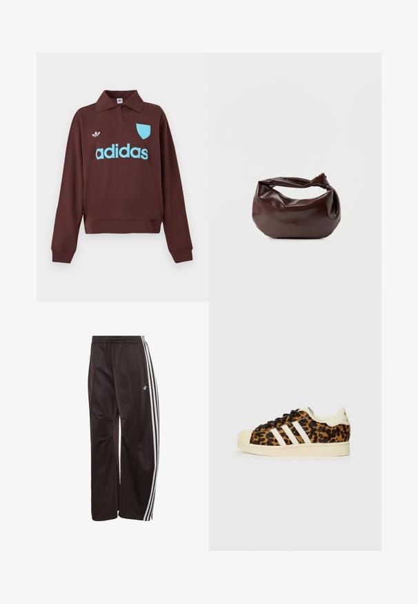 Brun sweatshirt med polo krave, der har en lys blå "adidas" logo og skjolddetalje, lavet af blødt stof med en afslappet pasform.; Sorte Adidas træningsbukser med hvide tre striber ned langs siderne, elastisk linning, sidelomme med lynlås og Adidas-logo på venstre ben.; Sneakers med leopardmønster, sorte snørebånd, hvidt design med tre striber, cremefarvet gummitå og sål samt tekstureret overmateriale.; Mørkebrun læder skuldertaske med en blød, afslappet form og et snoet knudehåndtag på en ensartet hvid baggrund.
