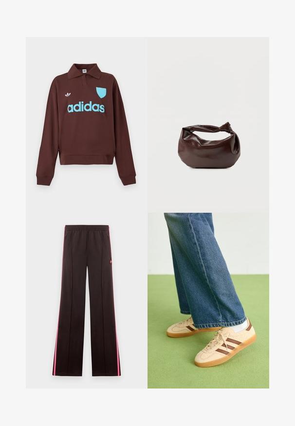 Brun sweatshirt med polo krave, der har en lys blå "adidas" logo og skjolddetalje, lavet af blødt stof med en afslappet pasform.; Sorte atletikbukser med lyserøde sidelister, elastisk talje, lynlåslommer og Adidas-logo på venstre lår.; Beige sneakers med teksturerede cremefarvede paneler og brune striber, parret med blå denim jeans. Jeansene har brede ben og en frynset kant.; Mørkebrun læder skuldertaske med en blød, afslappet form og et snoet knudehåndtag på en ensartet hvid baggrund.