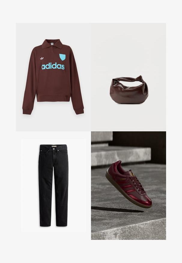Brun sweatshirt med polo krave, der har en lys blå "adidas" logo og skjolddetalje, lavet af blødt stof med en afslappet pasform.; Sorte straight-leg jeans med knap- og lynlåslukning, bæltestropper samt for- og baglommer, vist fladt på hvid baggrund.; Bordeauxfarvet lædersneaker med tre mørke striber, guldbogstaver, tekstureret sål og en glat finish. Hævet op mod en betonbaggrund.; Mørkebrun læder skuldertaske med en blød, afslappet form og et snoet knudehåndtag på en ensartet hvid baggrund.