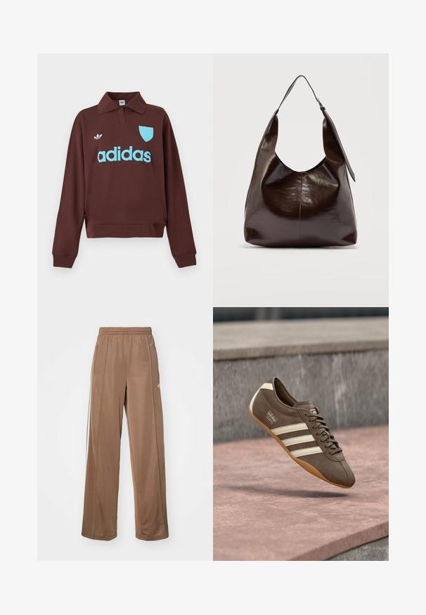 Brun sweatshirt med polo krave, der har en lys blå "adidas" logo og skjolddetalje, lavet af blødt stof med en afslappet pasform.; Brune atletiske bukser lavet af blødt stof, med elastisk talje, sidelommer og hvide logoakcenter på venstre hofte.; Brun ruskindssneaker med hvide striber og branding, med rund tå og ydersål af gummibelagt gummi, hængende over en struktureret overflade.; Mørkebrunt, skinnende læder skuldertaske med en enkelt bred rem og spændedetalje på den ene side, sat mod en ensartet lys baggrund.