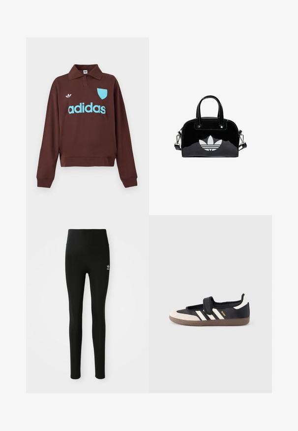 Hnedá mikina s polo golierom, s jemne modrým logom "adidas" a detailom šita, vyrobená z mäkkej látky s uvoľneným strihom.; Čierne legíny vyrobené z elastického materiálu s vysokým pásom, s malým bielym logom Adidas na ľavom stehne. Hladká textúra.; Čierna a béžová teniska s pásikom na suchý zips, tromi bielymi pruhmi na boku a štruktúrovanou hnedou gumovou podrážkou. Viditeľné logo značky.; Čierna lakovaná kožená kabelka s okrúhlym tvarom, dvojitými hornými rúčkami, striebornými akcentmi a výrazným bielym logom na prednej strane.
