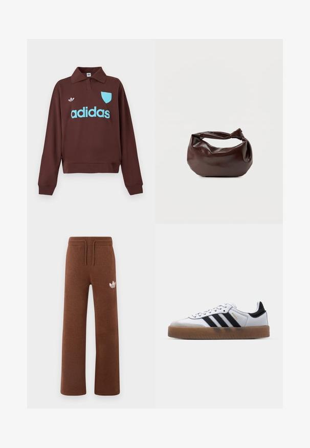 Brun sweatshirt med polo krave, der har en lys blå "adidas" logo og skjolddetalje, lavet af blødt stof med en afslappet pasform.; Brune sweatpants i blødt stof med en afslappet pasform, der har en elastisk talje, snørre og et hvidt logo på venstre lår.; Hvide lædersneakers med sorte striber, gummirubber sål, rund tå, snørelukning og blød grå ruskinds tåhætte.; Mørkebrun læder skuldertaske med en blød, afslappet form og et snoet knudehåndtag på en ensartet hvid baggrund.