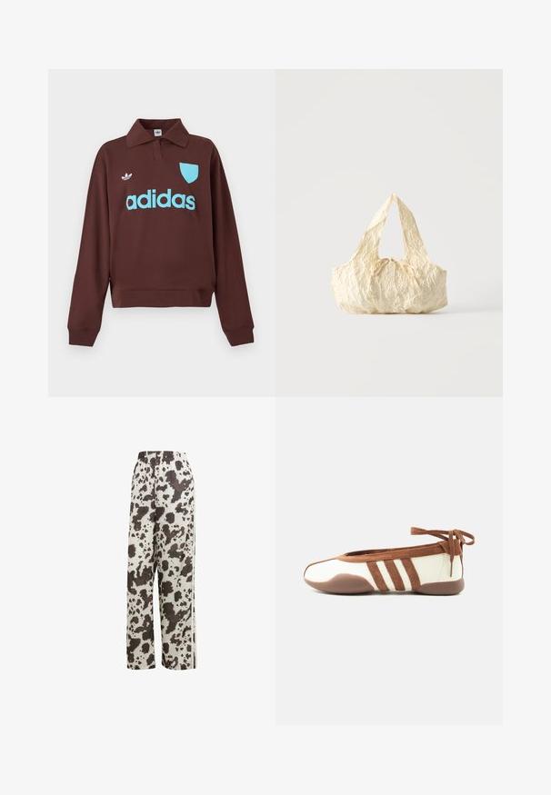 Brun sweatshirt med polo krave, der har en lys blå "adidas" logo og skjolddetalje, lavet af blødt stof med en afslappet pasform.; adidas Originals COW PRINT SATIN WIDE LEG - Træningsbukser - multicolor off white; Slank beige og brun balletflat med rundet tå, tre sidelister, blød sål og ankelbindelukning mod en ensfarvet hvid baggrund.; Håndtaske i cremefarvet tekstureret stof med top-håndtag og en lille bundet sløjfe-detalje midt foran.