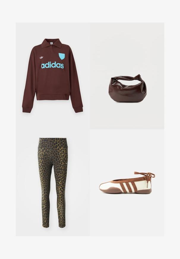 Ruskea sisäpuoli huppari, jossa on polo-kaulus, vaaleansininen "adidas" -logo ja kilpikoristelu, pehmeästä kankaasta valmistettu rento malli.; Leggins leopardikuvioilla, joissa on korkea vyötärö, joustava kangas ja mustat yksityiskohdat vaaleanruskealla pohjalla, suunniteltu mukavuutta ja istuvuutta varten.; Ohut beige ja ruskea ballerinakenkä pyöreällä kärkiosalla, kolmella sivuraidalla, pehmeällä pohjalla ja nilkkalenkki suljettuna yksiväristä valkoista taustaa vasten.; Tummanruskea nahkainen olkalaukku, jossa on pehmeä, rento muoto ja kiertynyt solmukahva valkoisella taustalla.