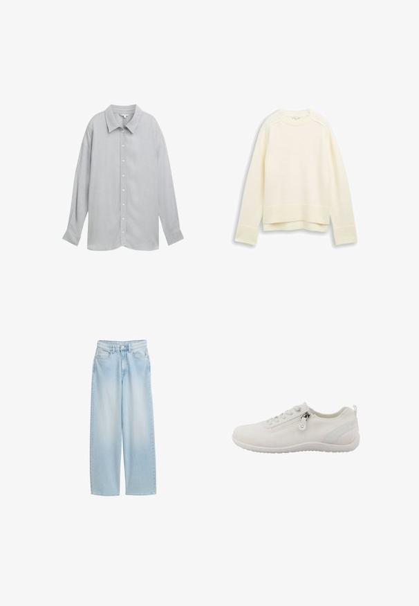 Suéter de punto color crema con cuello redondo, puños y dobladillo acanalados. Textura suave y forma ligeramente holgada.; Camisa de botón de manga larga gris con cuello, hecha de una tela ligera y con una textura sutil y botones blancos.; Jeans vaqueros de mezclilla azul claro con pierna ancha, talle alto, cierre frontal con botones y cremallera, y cinco bolsillos.; Zapatilla atlética blanca hecha de material de malla transpirable. Cuenta con cierre de cremallera, parte superior texturizada y suela de goma flexible.