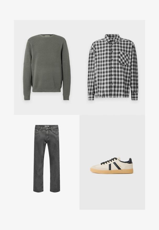 Grøn ribbet sweater med rund hals, struktureret stof, lange ærmer samt ribbede manchetter og nederkant. Enkel, lige pasform.; Sorte og hvide ternede langærmede skjorte i blødt stof, med knaplukning foran og brystlomme. Krave-design med afslappet pasform.; Mænds mørkegrå denimjeans med lige ben, forrest lukning med knap og lynlås, bæltestropper og klassisk five-pocket design.; Casual sneakers i creme med sorte striber, med en tekstureret overdel og sål i gummigummi. Snørebåndene er sorte. Diskret logo på siden.