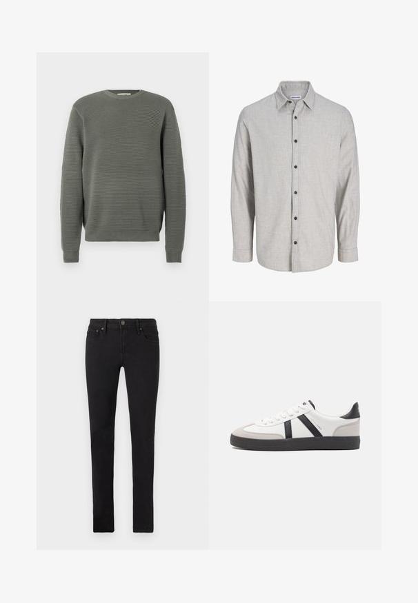 Grüner gerippter Pullover mit Rundhalsausschnitt, strukturiertem Material, langen Ärmeln sowie gerippten Bündchen und Saum. Schlichte, gerade Schnittführung.; Helles graues Langarmshirt aus strukturiertem Stoff. Verfügt über einen Kentkragen und sechs schwarze Knöpfe entlang der Vorderseite.; Schwarze Slim-Fit-Jeans mit fünf Taschen, Knopfverschluss und Gürtelschlaufen, flach auf einem weißen Hintergrund präsentiert.; Weiße Sneaker mit schwarz- und grau-aczenten, ausgestattet mit einer strukturierten grauen Zehenkappe, schwarzer Gummi-Sohle und flachen weißen Schnürsenkeln. Sauberes Design, minimalistische Stil.