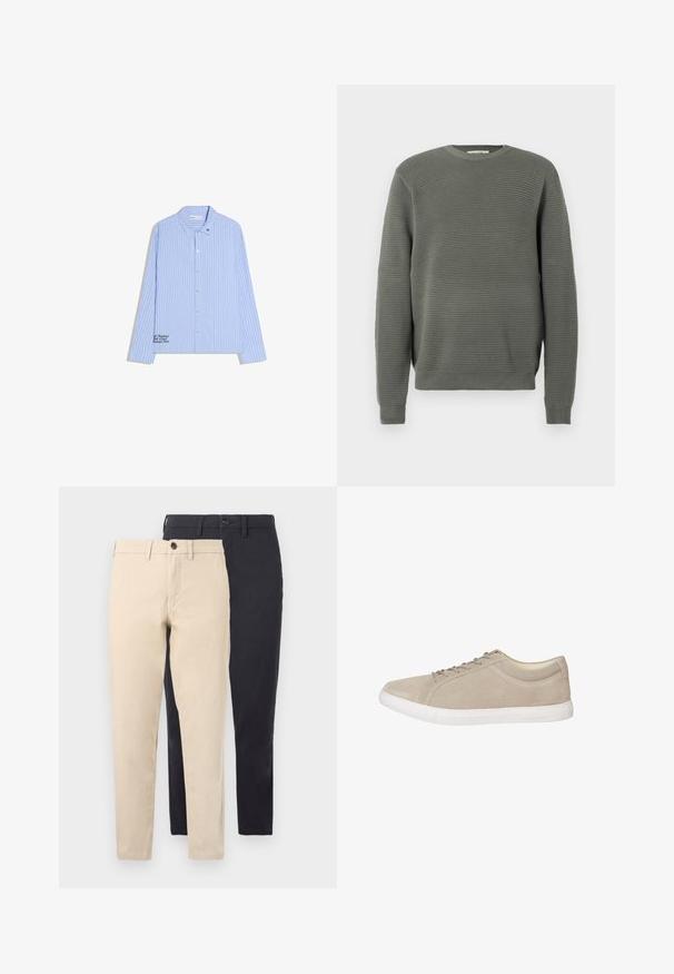 Sweater vert côtelé avec un col rond, en tissu texturé, à manches longues, et des poignets et un ourlet côtelés. Design simple et droit.; Chemise à manches longues à rayures verticales bleu et blanc, boutonnée, avec col et petit texte noir brodé près de l'ourlet et du col.; Deux pantalons coupe slim, un beige à l'avant et un noir à l'arrière, tous deux avec des fermetures à boutons et des passants pour ceinture.; Baskets en suède beige avec une semelle en caoutchouc blanc, un design à lacets et un style minimaliste. Dotées d'une texture lisse et d'un discret détail de marque.