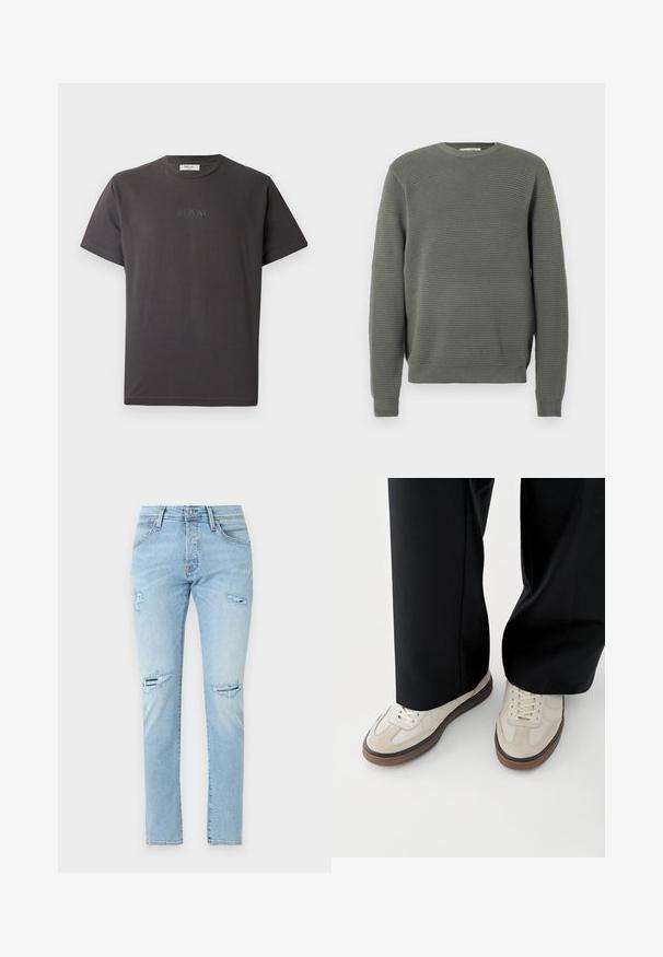 Grøn ribbet sweater med rund hals, struktureret stof, lange ærmer samt ribbede manchetter og nederkant. Enkel, lige pasform.; Mørkegrå kortærmet bomulds-t-shirt med et diskret reliefprint af "REPLAY" logoet foran. Rund halsudskæring og afslappet pasform.; Lyseblå denimjeans med en slank pasform, der har slidte detaljer ved knæene og et klassisk design med fem lommer.; Fødder iført beige sneakers med brune såler og sorte bukser med vide ben på hvid baggrund.