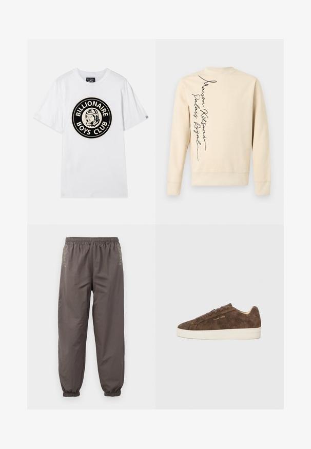 Krémovo sfarbená mikina s dlhými rukávmi s vertikálnym čiernym kurzívnym textom "Maison Kitsuné Palais Royal" na ľavej strane.; Biely bavlnený tričko s čiernym a zlatým kruhovým grafickým motívom astronauta a textom "BILLIONAIRE BOYS CLUB". Krátke rukávy, okrúhly výstrih.; Tmavošedé, elastické nohavice s uvoľneným strihom. Majú zhromaždené manžety a jemnú výšivku na bokoch. Ľahký materiál.; Hnedé semišové tenisky s nízkym profilom, zaoblenou špičkou a bielou gumovou podrážkou. Obsahujú tmavé šnúrky a decentné logo na boku.