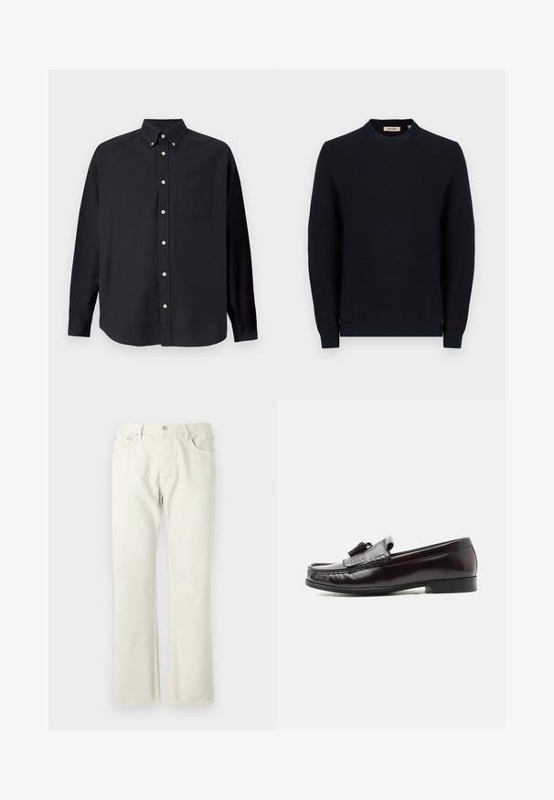 Mørkeblå strikket sweater med rund hals, ribbede manchetter og kant. Har et struktureret stof med et subtilt mønster.; Sort langærmet skjorte lavet af bomuld. Har en button-down krave, frontlomme og en fuld knapstolpe med lysfarvede knapper.; Lys beige straight-leg jeans lavet af bomuldsdenim. Har lommer, en klassisk knaplukning og en subtil tekstur uden mønstre.; Mørkebrune lædertasselloafers med lav hæl og syningsdetaljer på overdelen, set fra siden mod en hvid baggrund.