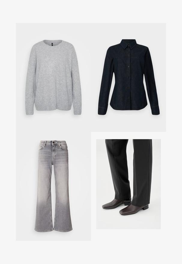 Pull gris clair en laine douce, avec un col rond, des manches longues et une finissage côtelée. Simple motif tricoté texturé sur l'ensemble.; CLOSED SEAMING SHIRT - Chemisier - dark blue; Mos Mosh HERA - Jean flare - grey; Chaussures en cuir marron foncé avec un bout carré et un petit talon bloc, portées avec un pantalon noir sur mesure, affichant une apparence élégante et polie.