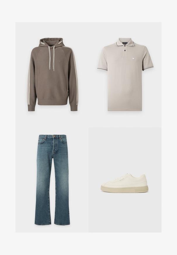 Sudadera con capucha marrón hecha de tela suave que cuenta con rayas blancas en los costados, cordón ajustable, bolsillo canguro y un pequeño logo en el pecho.; Polo de manga corta en beige claro con dos botones negros, finas rayas negras y blancas en el cuello y los bordes de las mangas, y un pequeño logo en el pecho.; Vaqueros azules de denim con un ligero acampanado en la parte inferior, diseño clásico de cinco bolsillos, cierre de botón y cremallera, y sutiles desgastes en los muslos.; Zapatillas de lona blancas con suela de goma texturizada, que cuentan con una puntera cosida y un acento de logo en el talón. Diseño simple de cordones.